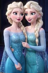 2girls ai_generated anna_(frozen) blonde_hair blue_eyes braid different_reflection dress elsa_(frozen) eyeshadow freckles hug incest lips lipstick long_hair makeup multiple_girls red_lipstick siblings sisters time_paradox twins