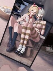 2girls absurdres ball_gag barefoot black_socks blonde_hair bondage bondage bondage bound braided_twintails breasts collar gag grey_hair highres leash loafers long_hair medium_breasts mirror_selfie multiple_girls nipples original roundschen shoes short_hair socks white_socks yuri