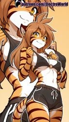 1girls 2025 ai_generated anthro artist_name breasts bust chest electroworld female flora_(twokinds) furry furry_female hi_res high_quality high_resolution highres long_hair patreon patreon_username shorts smile solo stable_diffusion twokinds watermark zoom_layer