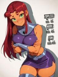 1girls ai_generated armlet bare_shoulders blush bracer breasts cleavage cleavage_cutout closed_mouth clothing_cutout colored_sclera colored_skin cowboy_shot crop_top dc dc_comics female gorget green_eyes green_sclera heart indoors large_breasts long_hair looking_at_viewer metal_collar midriff miniskirt navel orange_skin purple_skirt red_hair skirt sleeveless smile solo starfire stomach teen_titans thigh_strap thighlet thighs vambraces