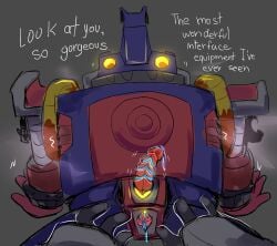 absurd_res anthro ballistamon bandai_namco dialogue digimon digimon_(species) digimon_xros_wars duo feet first_person_view genitals hi_res machine male male/male penis pirruwan robot scalie shaking size_difference tail toes touching_chest trembling yellow_eyes