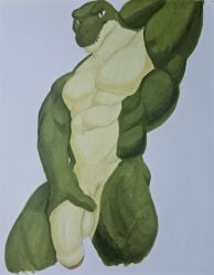 2025 4chan_anon abs absurd_res anthro balls big_balls big_muscles big_penis brown_body crocodile crocodilian featureless_chest fingers flaccid foreskin front_view genitals hand_behind_head hand_on_penis hi_res humanoid_genitalia humanoid_penis looking_at_viewer male marker_(artwork) multicolored_body muscular muscular_anthro muscular_male navel nude partially_retracted_foreskin pecs penis portrait reptile scalie shaded sharp_teeth simple_background snout soft_shading solo standing tan_body teeth three-quarter_portrait traditional_media_(artwork) two_tone_body white_background