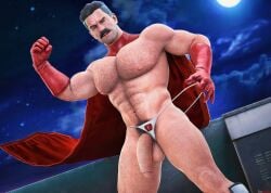 1boy 3d 3d_(artwork) black_pubes cape dick_out_of_underwear domredsins hairy hairy_chest hairy_legs hairy_pubes invincible invincible_(comics) invincible_(tv_series) male male_only moustache nolan_grayson omni-man pubes rooftop shaved_beard solo solo_male superhero superhero_cape tagme thong white_thong