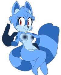 anthro big_tail black_nose blue_body blue_ears blue_fur blue_hair blue_hands blue_tail eyebrows eyelashes female female_anthro fingers fluffy fluffy_tail fur hair hi_res huge_tail looking_at_viewer mammal markings nude paws procyonid raccoon ravrous ring_(marking) ringed_tail solo striped_markings striped_tail stripes tail tail_markings tail_motion tailwag tuft two_tone_tail