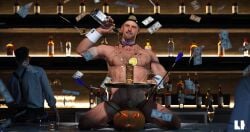 1boy 3d 3d_(artwork) arrows backwards_cap bar bar_counter baseball_cap beard big_chest blue_eyes champagne chest clint_barton dollars exhibitionism exhibitionist hairy_chest hairy_legs hawkeye le86134968 male male_only marvel moustache naked naked_male no_visible_genitalia nude nude_male pouring_liquid pouring_on_self pouring_onto_self public_exposure public_indecency public_nudity pumpkin shiny_body solo solo_male