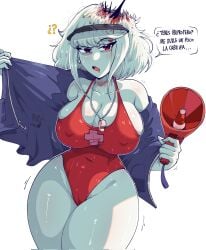 1female albina_(tidal) albino big_breasts child_bearing_hips curvy_figure female_only latina light-skinned_female red_eyes short_hair_female text_bubble tidal_(artist) voluptuous_female white_hair_female wounds
