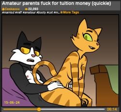 2025 anthro ass big_butt breasts domestic_cat duo felid feline felis female fran_(litterbox_comics) green_eyes hi_res husband_and_wife joel_(litterbox_comics) leg_grab litterbox_comics looking_at_viewer male male/female mammal married_couple mature_female mature_male multicolored_body nude on_bottom on_top orange_body parody porn_video pornography redout reverse_cowgirl_position sex smile striped_body stripes thick_thighs thigh_grab third-party_edit two_tone_body video_player yellow_eyes