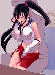 1boy admiral_(kantai_collection) black_hair blush breast_grab breasts clothing female fingering fingering_from_behind gloves kantai_collection large_breasts long_hair military military_uniform naval_uniform navel ninomiya_hitomi nipples open_clothes open_mouth open_shirt personification ponytail reach_around red_eyes shirt sitting sitting_on_lap sitting_on_person skirt smile solo_focus straight tied_hair torn_clothes uniform yahagi_(kantai_collection)