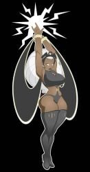 armpits arms_up black_hair black_thighhighs boots breasts clothing dark-skinned_female dark_skin earrings electricity female female forehead grey_thighhighs huge_breasts jewelry johnrokk large_breasts legwear long_hair looking_at_viewer marvel marvel_comics navel no_pupils solo standing storm_(x-men) tagme thick_thighs thigh_boots thighhighs thighs very_long_hair white_hair wide_hips x-men