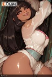 ai_generated artist_name black_hair blunt_bangs blush breasts brown_eyes chel dark-skinned_female dollmaker dollmaker_(artist) female lips long_hair looking_at_viewer lying patreon_logo patreon_username pillow sash see-through smile solo spread_legs sweat tagme thighs watermark web_address wet