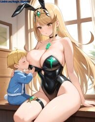 1boy 1girls absurdly_long_hair aegis_elysium ai-generated ai_generated bed bed_sheet blonde_hair blush breast_out breast_suck breastfeeding breasts breasts_out breasts_sucking bunny_ears bunny_girl bunnysuit cleavage core_crystal day earrings fellatio female gem hair_ornament headpiece heart heart_symbol huge_breasts indoors jewelry large_breasts leotard licking_breast licking_breasts long_hair male mythra_(xenoblade) navel nintendo oral original_character pov room shirt short_hair sitting solo_focus sucking_breast sucking_breasts sunshine sweat sweatdrop swept_bangs swimsuit tiara uncensored vegetation very_long_hair water watermark window windows xenoblade_(series) xenoblade_chronicles_(series) xenoblade_chronicles_2 yellow_eyes