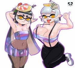 2girls alternate_costume areolae arms_up black_pants breasts callie_(splatoon) callie_(summer_nights) cleavage covered_navel female female_only hair hair_ornament hoobertdoobert large_breasts looking_at_viewer marie_(splatoon) marie_(summer_nights) mole mole_under_eye navel nintendo official_alternate_costume open_mouth pants pantyhose simple_background skirt splatfest splatoon splatoon_3 squid_sisters suspenders tentacle_hair tongue tongue_out tube_top white_background white_shoes