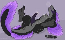 anus black_body blush bodily_fluids closed_eyes dinosaur feathered_dinosaur feathered_scalie feathered_wings feathers genitals musk penis prehistoric_species reptile scalie solo symrea wings