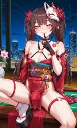 ai_generated asian_clothing brown_hair bulge bulge_through_clothing femboy finger_on_lip flat_chest gachareverse genderswap_(mtf) honkai:_star_rail kitsune kitsune_mask nipples on_table pink_eyes public_nudity rule_63 shushing sparkle_(honkai:_star_rail) twintails