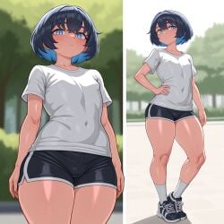 1boy ai_generated femboy flat_chest fully_clothed park short_hair shorts thick_thighs