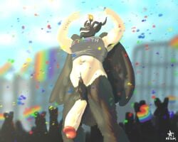 abs absurd_res anthro armpit_hair artemi athletic balls baphomet_(deity) body_hair bottomless bovid breasts caprine caprine_demon clothed clothing confetti crop_top crowd deity demon devil_horns_(gesture) fur genitals gesture goat_demon group hand_gesture hi_res horn humanoid intersex lgbt_pride lgbt_pride_month male mammal outside penis pride_color_flag pubes public shirt solo topwear vein veiny_penis wings