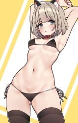 aa211108 alternate_costume armpits arms_up ass_visible_through_thighs bare_arms bare_belly bare_shoulders belly_button bikini black_bikini black_thighhighs blue_eyes blush breasts cat_ears cleavage collar grey_hair groin idolmaster idolmaster_shiny_colors micro_bikini parted_lips serizawa_asahi short_hair side-tie_bikini_bottom sideboob small_breasts thighhighs thighs underboob