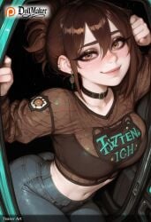 ai_generated artist_name bangs black_choker blush breasts brown_eyes brown_hair choker clothes_writing denim dollmaker dollmaker_(artist) earrings female hair_between_eyes jacket jeans jewelry lips long_hair long_sleeves midriff navel pants patreon_username smile solo tagme