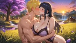 1boy 1girls ai_generated background before_sex blush couple huge_breasts hyuuga_hinata kissing muscular_male revealing_clothes swimsuit uzumaki_naruto