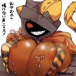 animal_ears animal_hood animal_print areola_slip beecon_(bee_niji) blazblue breasts cat_ears cat_hood cat_tail commentary_request covered_nipples dark-skinned_female dark_skin female grey_hoodie grin hood hood_up hoodie huge_breasts motion_blur nipples paizuri paizuri_under_clothes sharp_teeth simple_background smile solo suspenders tail teeth tiger_print torakaka translation_request upper_body white_background