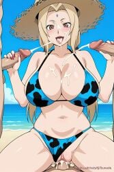 3boys ai_generated animal_print beach bikini bikini_aside blonde_hair blue_sky blush breasts cleavage cloud cowgirl_position cum cum_in_mouth cum_in_pussy cum_on_body cum_on_breasts cum_on_tongue cum_on_upper_body facial girl_on_top group_sex handjob hat large_breasts looking_at_viewer multiple_boys multiple_penises naruto_(series) naruto_shippuden navel ocean open_mouth outdoors penis pinku.ai pussy sand sex sky smile solo_focus straddling straw_hat swimsuit tsunade vaginal