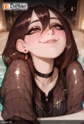 ai_generated artist_name bangs basketball blush breasts brown_eyes brown_hair choker collarbone dollmaker dollmaker_(artist) earrings female fishnet_bodysuit fishnet_legwear fishnets hair_between_eyes heart_choker jewelry looking_at_viewer nose_blush patreon_logo patreon_username short_hair smile solo tagme watermark