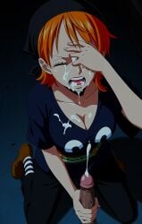 ai ai-created ai_art ai_assisted ai_generated cock cum cum_on_breasts cum_on_face cumshot handjob nami_(one_piece) one_xxx open_mouth