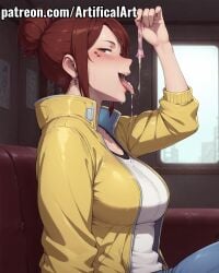 1girls ai_generated artifical_art big_breasts blue_pants blush condom cum cum_in_condom cum_in_mouth cum_on_tongue cyberpunk:_edgerunners drinking_cum facial_mark gloria_martinez_(edgerunners) jeans licking_cum light-skinned_female light_skin mature mature_female milf mommy mother open_mouth perfect_body red_eyes red_hair solo tied_hair tongue_out torn_pants used_condom voluptuous_female