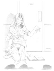 after_oral after_sex cheating_wife cum_all_over cum_drip cum_on_arm cum_on_breasts cum_on_chest cum_on_chin cum_on_face cum_on_leg cum_puddle imminent_gangbang imminent_sex married_female on_knees post-it_note public_nudity questionable_consent rebecca_(artist) wedding_dress