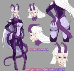 ass bodysuit boots breasts character_name character_sheet claws dragon_girl dragon_tail elbow_gloves female full_body gloves grin hand_on_hip hands_on_hips high_heels horns large_breasts long_hair looking_at_viewer mole multiple_views navel simple_background standing tail thighhighs very_long_hair white_hair