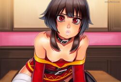 2025 ai_generated artist_name bare_shoulders black_hair blush breasts crazyfishbones female kono_subarashii_sekai_ni_shukufuku_wo! megumin red_eyes solo thighhighs