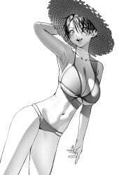 alternate_costume arm_up armpit big_breasts bikini blush cleavage female female_only gegege_no_kitarou genderswap_(mtf) huge_breasts kitarou_tanjou_gegege_no_nazo looking_at_viewer masora_ema mizuki_(gegege_no_kitarou) monochrome rule_63 scar scar_across_eye scars short_hair smile solo straw_hat sun_hat swimsuit underboob very_short_hair