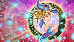 ass blonde_hair blue_eyes blue_hat blushed_face boots bracelet breasts dark_magician_girl edit edited female holding_object nipples nude nude_filter pose wallpaper yu-gi-oh!