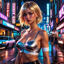 ai_generated anime_girl anime_style animestyle bimbo blonde_female blonde_hair blue_eyes boobjob breasts busty busty_female city female night night_time sexy sexy_pose short_hair skinny skinny_female skinny_girl slutty street town