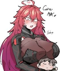 1girl 1girls 2d big_breasts blush blushing boobs cain_lk doll eyelashes female female_focus long_hair nihilister_(nikke) nikke red_eyes red_hair sweat sweatdrop tagme