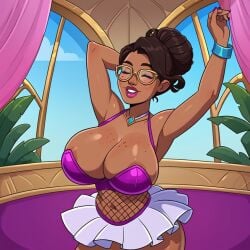 1girls ai_generated arcane ballerina ballet big_breasts big_breasts breasts breasts brown_hair brown_skin cleavage closed_eyes dancer dancewear dancing dress female female female_focus female_only fishnet_clothing fishnets glasses hand_behind_head indoors large_boobs large_breasts league_of_legends plants short_hair sky_young solo solo_female solo_focus tutu window