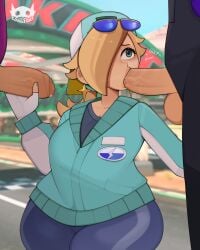 2boys1girl balls blonde_hair blowjob blowjob_face blue_eyes clothed erection faceless_male fellatio female female_focus gdblight handjob large_penis light-skinned_female light-skinned_male light_skin male mario_(series) mario_kart_world mmf_threesome nintendo oral oral_sex outdoors paid_reward_available penis pouty_lips princess_rosalina saliva threesome waluigi wario