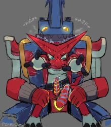 1:1 3_toes absurd_res anthro ballistamon bandai_namco belt big_dom_small_sub blue_eyes claws dialogue digimon digimon_(species) digimon_xros_wars dominant duo electronics feet headphones hi_res jagged_mouth machine male male/male pirruwan scalie shaking shoutmon shoutmon_(king_ver.) size_difference tail toes trembling yellow_eyes