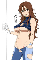 blush breasts brown_eyes brown_hair crotchless erect_nipples female female_only gloves gundam gundam_00 human ichihisa long_hair looking_at_viewer navel pubic_hair pussy revealing_clothes smile solo standing sumeragi_lee_noriega uncensored underboob