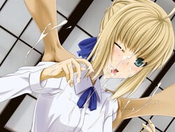 artoria_pendragon blonde_hair cum cum_on_clothes cum_on_hair facial fate/stay_night fate_(series) female partial_male saber teitetsu_kishidan wince