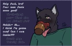 anthro big_nose bodily_fluids bros_being_bros canid canine canis crying drugs duo english_text genitals male male/male mammal marijuana muscular nasal_penetration penis penis_in_nose poorsal sex snot substance_intoxication tears text tilasu_(shilvascat) unusual_penetration wolf
