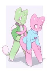 1boy :3 animal_ears animal_feet barefoot blue_sweater blush body_fur border bottomless breasts cat_boy cat_ears cat_girl cat_tail closed_mouth commentary english_commentary female freckles full_body furry furry_female furry_male furry_with_furry green_fur green_jacket grey_background hands_on_own_legs happy happy_sex highres jacket kekitopu leaning_forward legs_apart medium_breasts mochi_(kekitopu) one_eye_closed open_clothes open_jacket open_mouth original outside_border pink_fur sex sex_from_behind shirt simple_background smile standing standing_sex straight suama_(kekitopu) sweater tail tail_wrap whiskers white_border white_eyes white_shirt