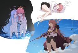 2girls absurdres ahoge aru_(blue_archive) barefoot black_skirt blue_archive blue_hair blush breasts closed_eyes closed_mouth coat coat_on_shoulders collared_shirt convenient_censoring doodle_sensei_(blue_archive) dreaming drooling groin gun hair_censor halo highres hina_(blue_archive) holding holding_gun holding_weapon horns hug long_hair long_sleeves looking_at_viewer lying miniskirt mouth_drool multiple_girls multiple_views navel no_pussy nude on_side parack pillow pink_eyes pink_hair red_eyes rifle ripples sensei_(blue_archive) shirt side_slit skirt sleeping small_breasts smoke sniper_rifle speech_bubble standing sweatdrop thought_bubble v-shaped_eyebrows very_long_hair wading water weapon wet white_shirt young