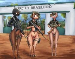 absurd_res anthro big_breasts bottomless brazil brazilian_army breasts chastity_cage chastity_device clothed clothing detailed_background ejaculation equid equine female futanari genitals group gynomorph hi_res horse intersex juninhooficial mammal masturbation military_base military_uniform nude partially_clothed penile penis police police_uniform pony portuguese_text sex_toy small_penis text trio uniform vibrator vibrator_on_penis weapon