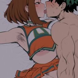 ai_generated armpits big_breasts blush boku_no_hero_academia breasts breasts_out cheerleader curvy deku goddesscynthia imminent_sex izuku_midoriya kissing kunaboto_(style) my_hero_academia ochako_uraraka tongue tongue_kiss u.a._cheerleader_outfit