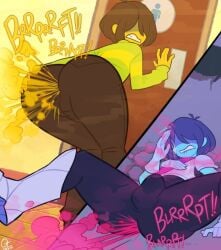 1boy androgynous ass biting_lip blue_skin blush brown_hair clenched_teeth dated english_text female frisk_(undertale) gameplay_mechanics hair_over_eyes hair_over_one_eye heart hood hoodie monster_boy penis profanity sharp_teeth short_hair signature silk smoke straight striped striped_sweater sweatdrop teeth veins yellow_skin