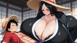 ai_generated big_ass black_hair bleach busty crossover enormous_breasts female gigantic_breasts huge_breasts hyper_breasts kimono male mature_female monkey_d_luffy one_piece scar straw_hat unohana_retsu