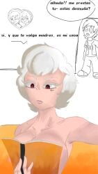 1boy 1girls albedo_(ben_10) albedo_(chaquetrix) albino ben_10 ben_tennyson book_covering_breasts breasts chaquetrix female male meme spanish_text