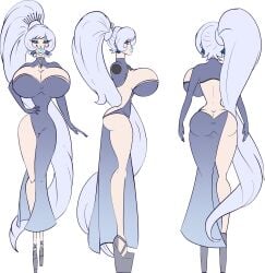 bimbo blue_lipstick boots bradtanker3 breasts degradation_text english_text female high_heel_boots high_heels hyper_bimbo large_breasts large_lips light_blue_eyes long_hair nipple_bulge platform_heels pussy_visible_through_panties rwby saliva scar tiara weiss_schnee white_hair wide_hips