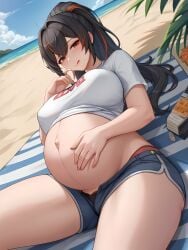 1girls ai_generated ass belly belly_button black_hair black_hair_female breasts exposed_belly exposed_belly_button exposed_pregnant_belly female hoyoverse light-skinned_female light_skin mihoyo mihoyo_technology_(shanghai)_co._ltd. new_eridu_public_security ponytail ponytail_(hair) ponytail_female pregnant pregnant_belly pregnant_female red_eyes red_eyes_female standing thick_thighs thighs wide_hips zenless_zone_zero zhu_yuan